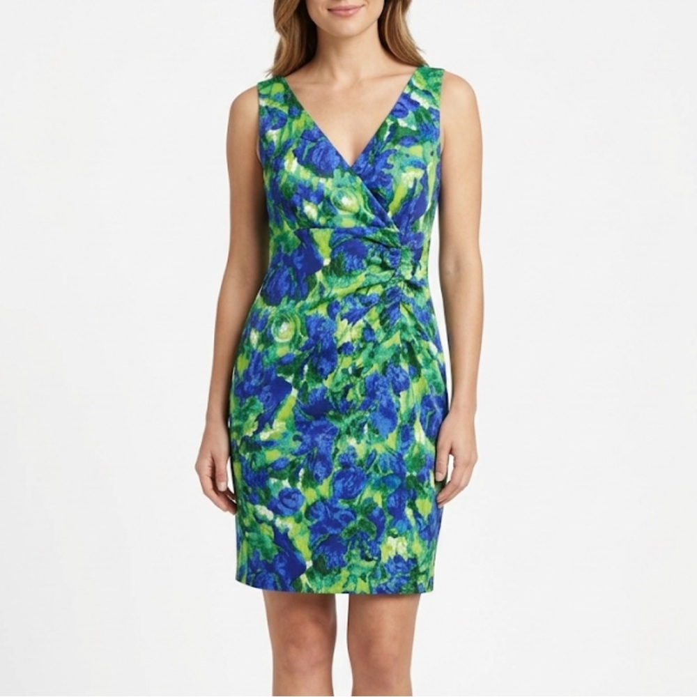 DONNA RICCO New York Size 12 Watercolor Artsy Stretch Cotton Surplice Midi Dress